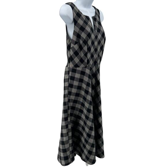 eShakti Dress SZ S Midi Fit & Flare Black Gray Plaid Sleeveless Split Neck Lined - Picture 2 of 7